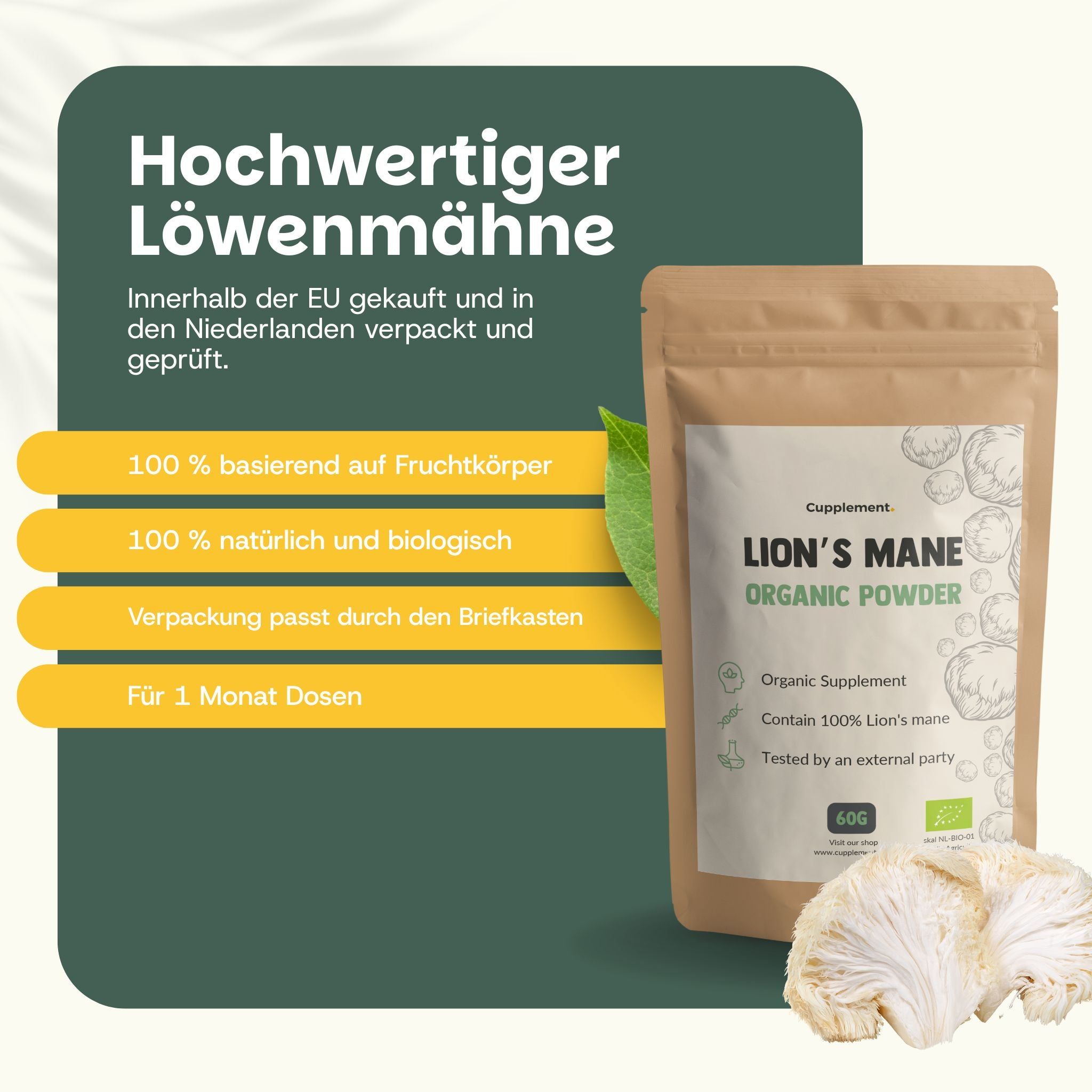 Braune Papiertüte mit Löwenmähnen-Pulver, daneben zwei Pilze.