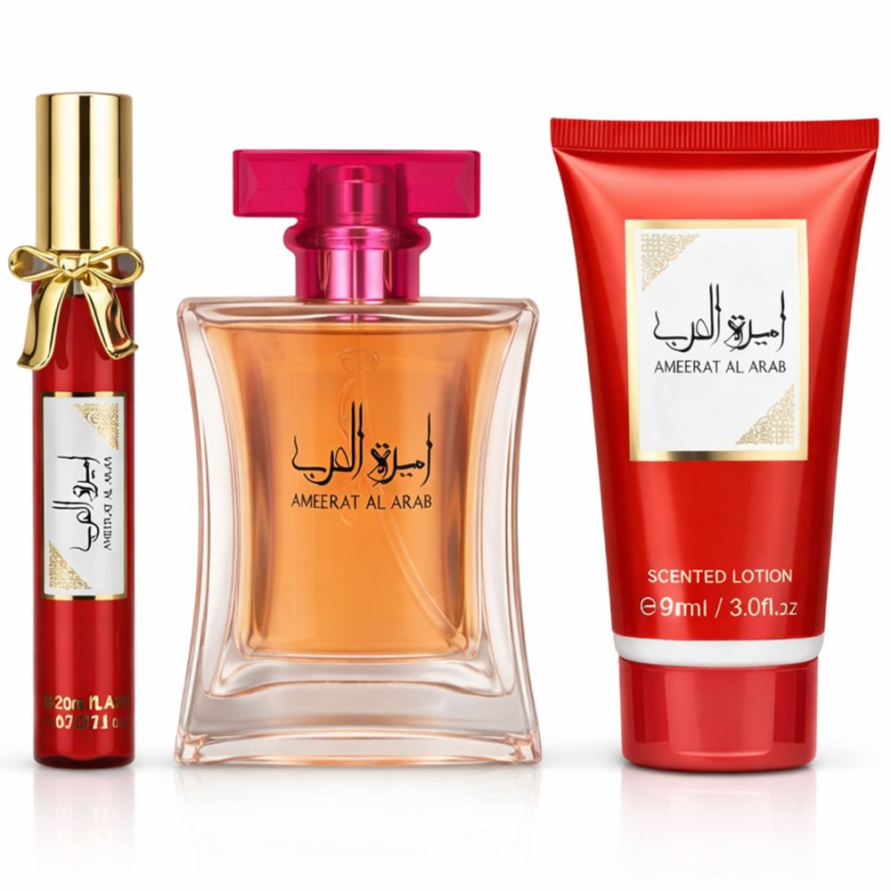 Set mit Flakon, Lotion und Spray. Rote und goldene Elemente. Text: Ameerat Al Arab. Scented Lotion.
