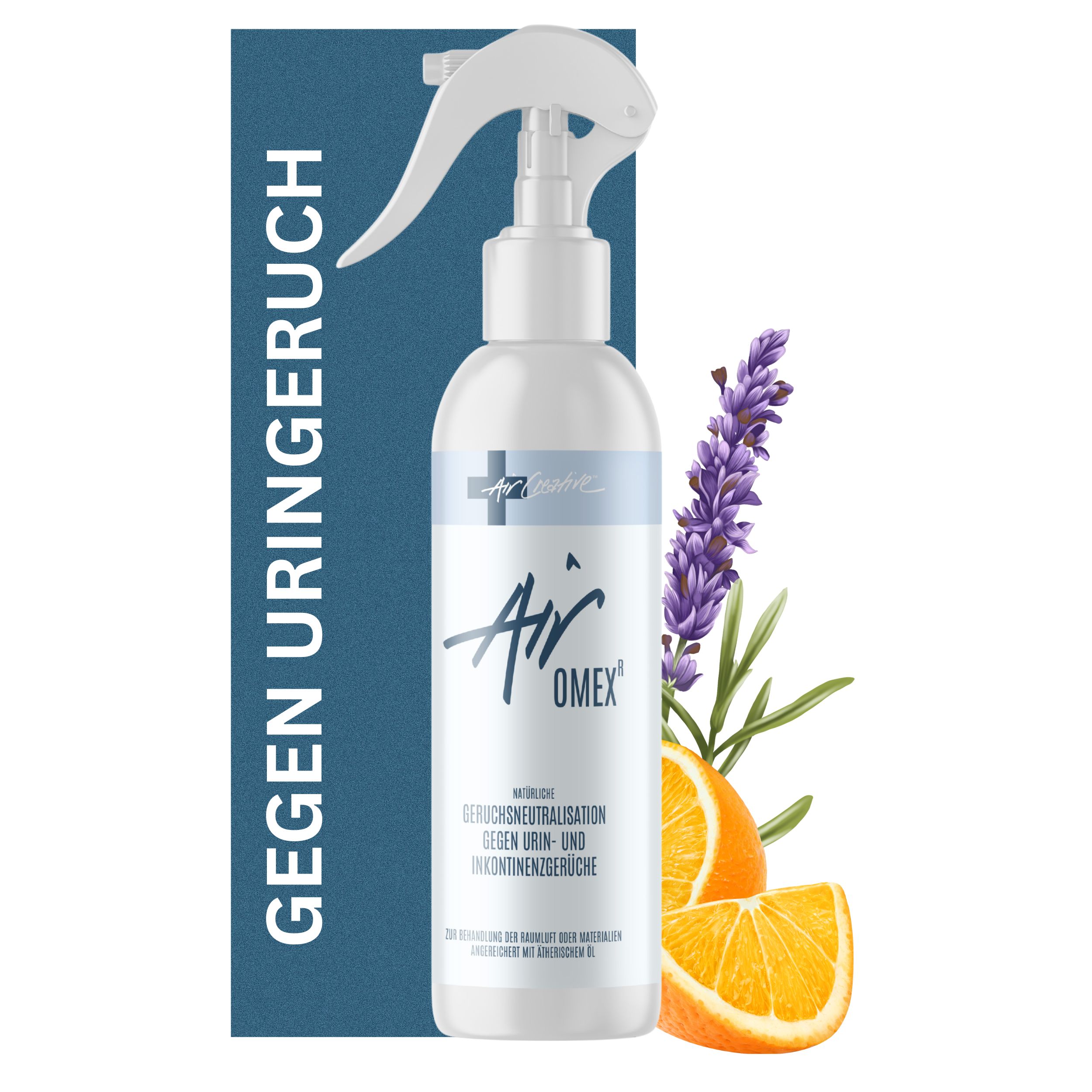 Weiße Sprühflasche mit Air Creative Airomex-Logo. Text: Gegen Uringeruch. Abgebildet: Lavendel und Orangenscheiben.