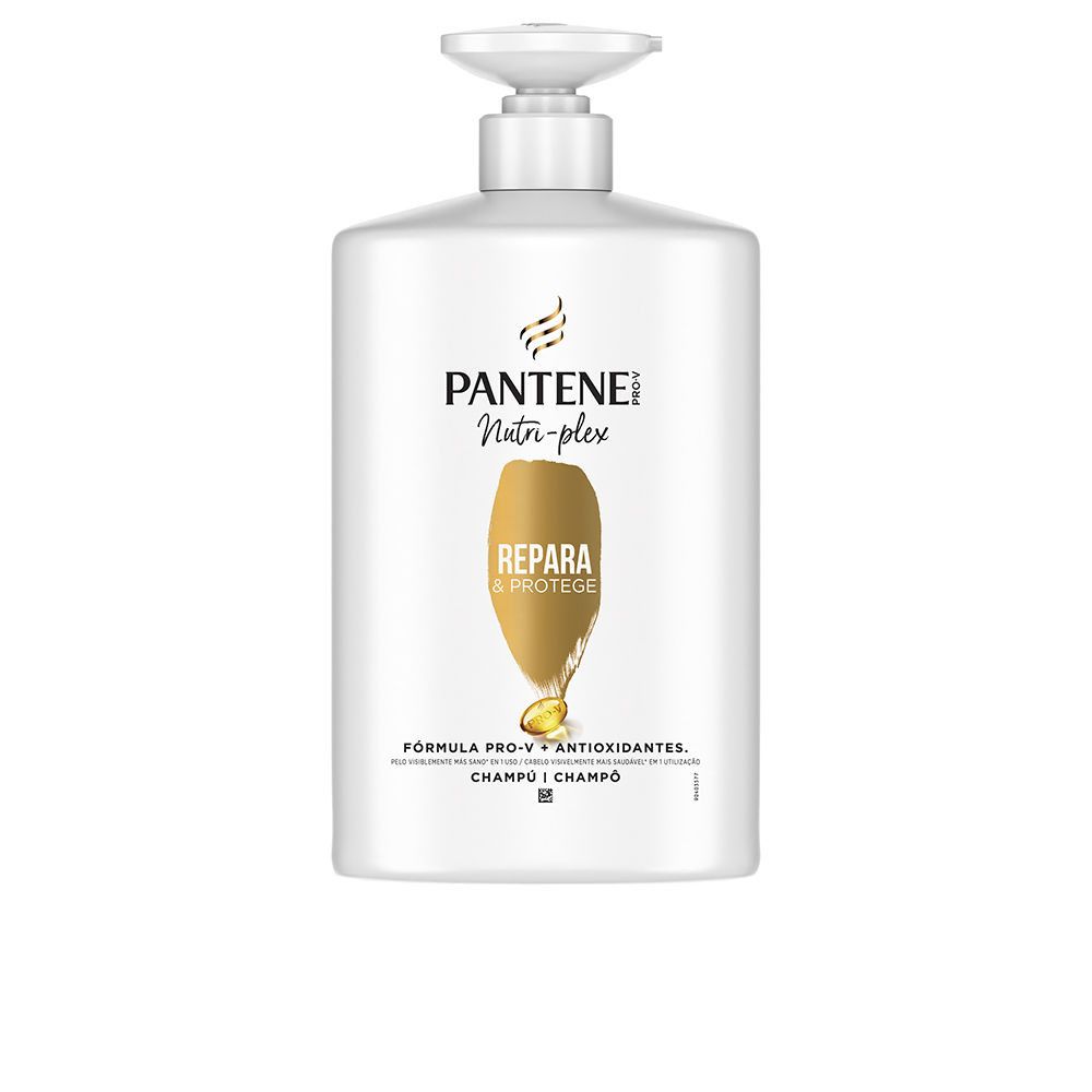 Weißer Shampoo-Behälter mit Pumpkopf. Aufschrift: PANTENE, Nutri-plex, REPARA & PROTEGE. Mit gelbem Tropfen-Design.