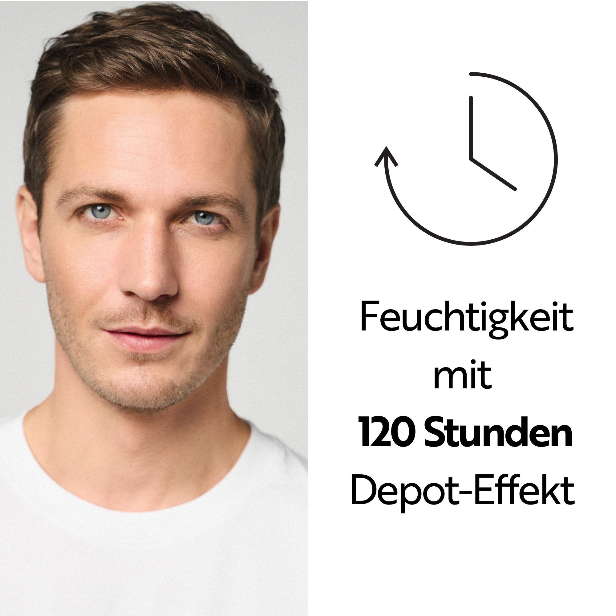Porträt eines Mannes. Text: Feuchtigkeit mit 120 Stunden Depot-Effekt.