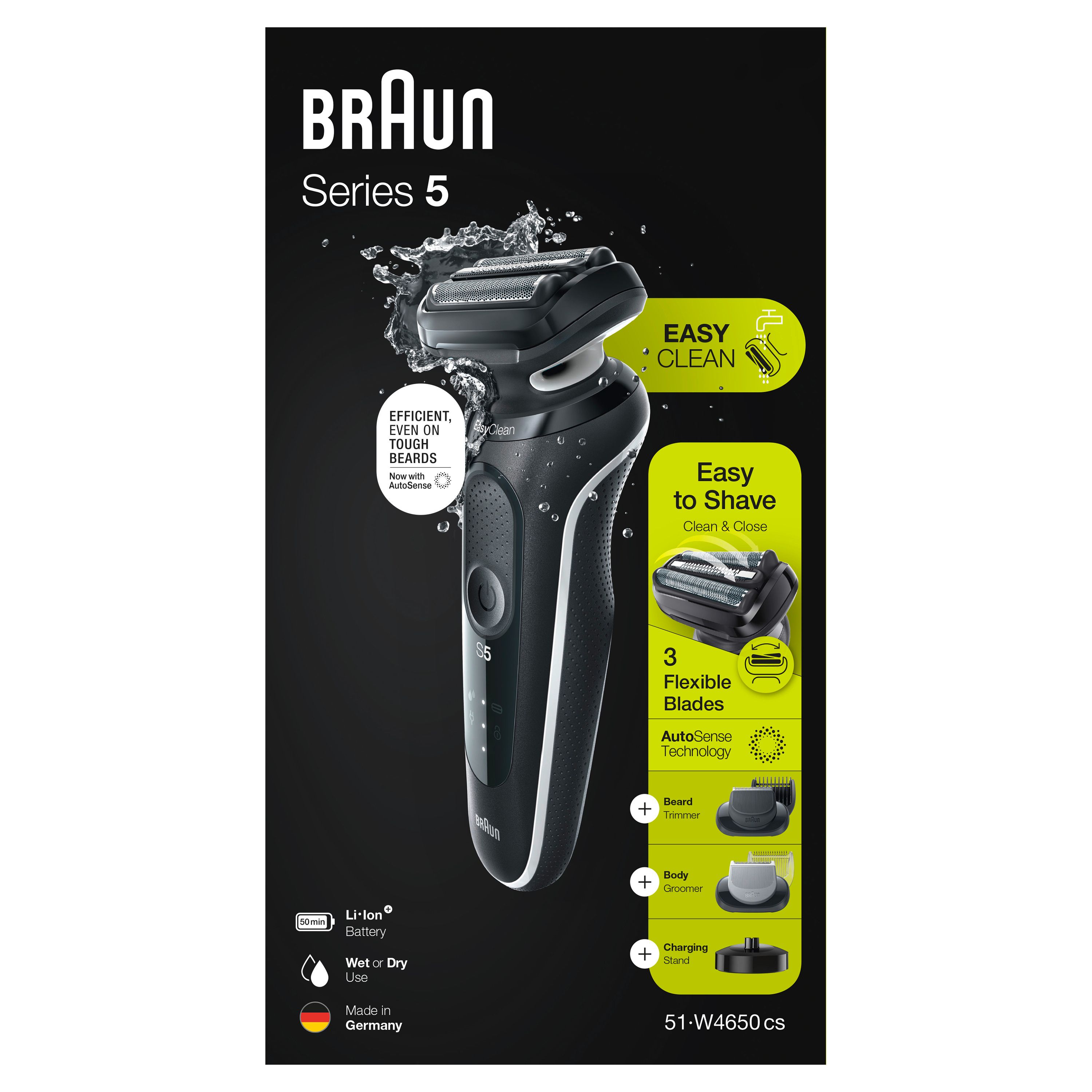Produktverpackung des Braun Series 5 Rasierers. Schwarzer Karton mit Produktabbildung und Informationen zu Funktionen.