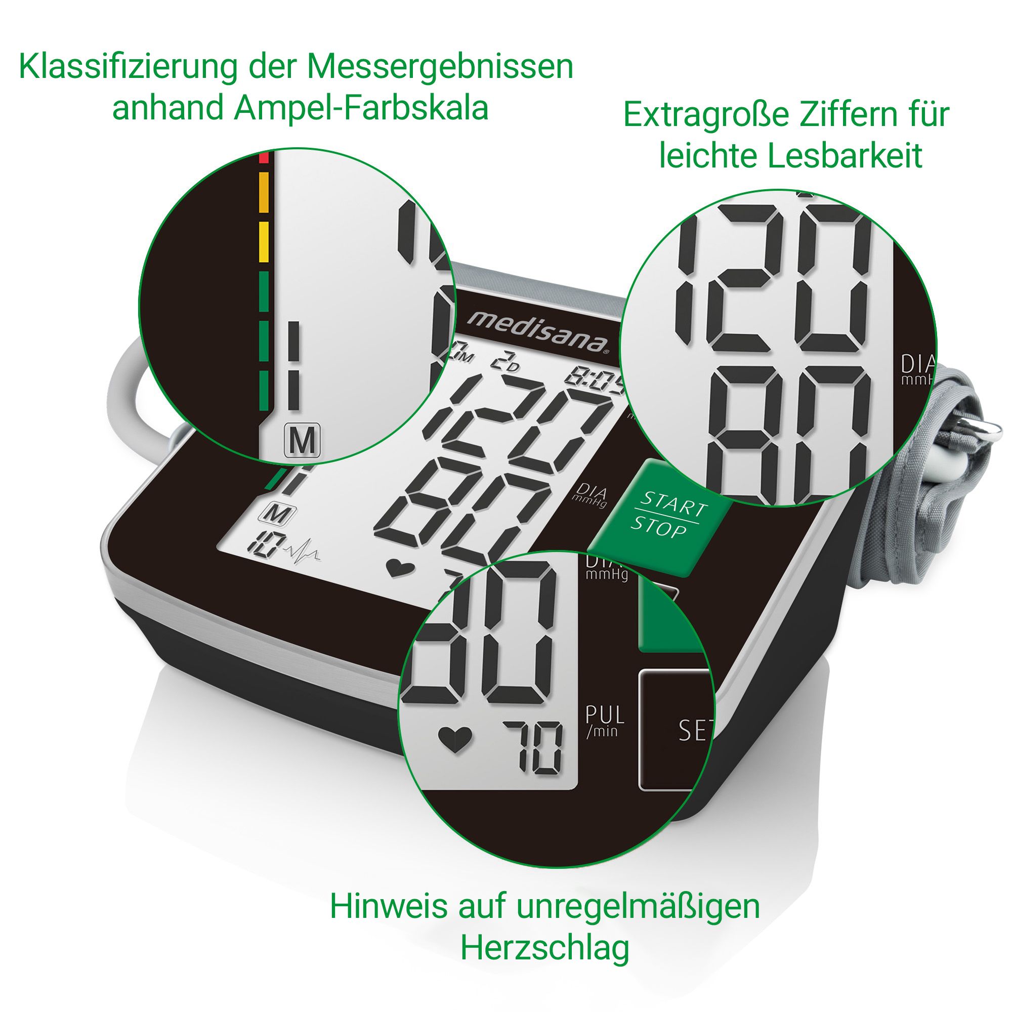 Medisana Blutdruckmessgerät: Anzeige systolisch/diastolisch, Puls, Datum, Uhrzeit, Ampel-Farbskala.