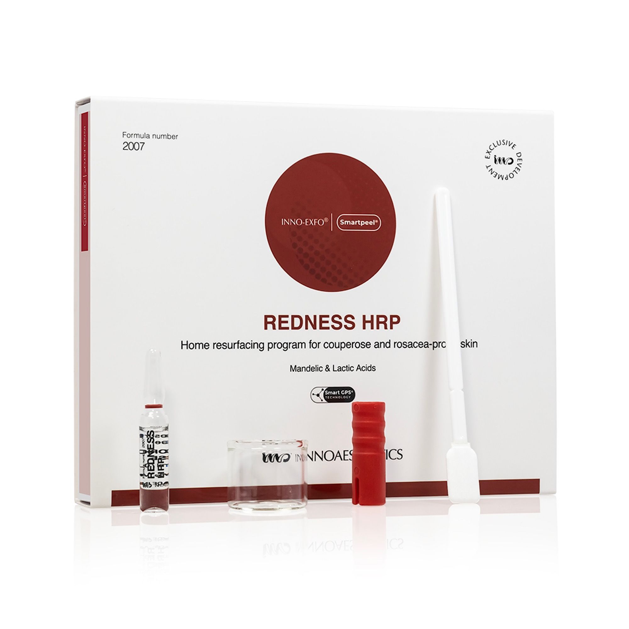 Verpackung von Innoaesthetics Redness HRP. Enthält Ampulle, Becher, Spatel und rotes Zubehör. Aufschrift: Redness HRP.