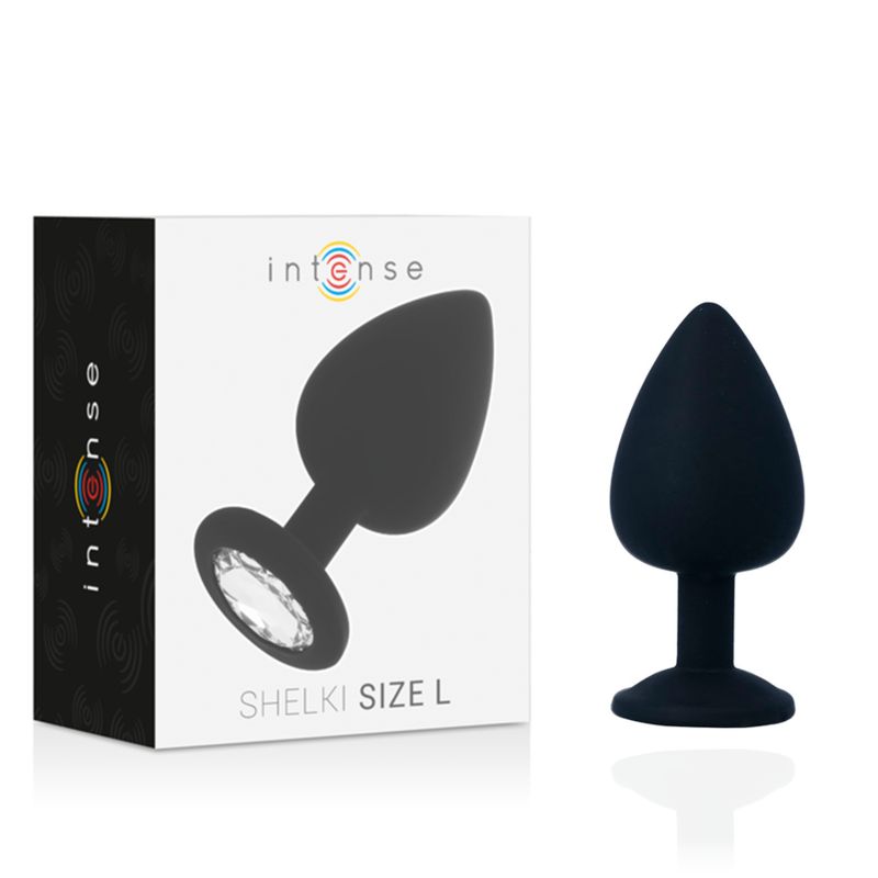 Schwarzer Analplug mit tropfenförmigem Kopf und Kristallverzierung am Sockel. Aufschrift "Intense" und "Shelki Size L" auf der Verpackung.