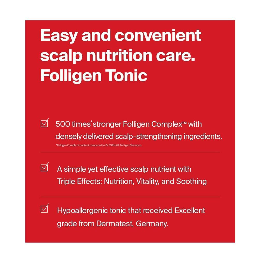 Roter Hintergrund mit Text über die Vorteile von Folligen Tonic.