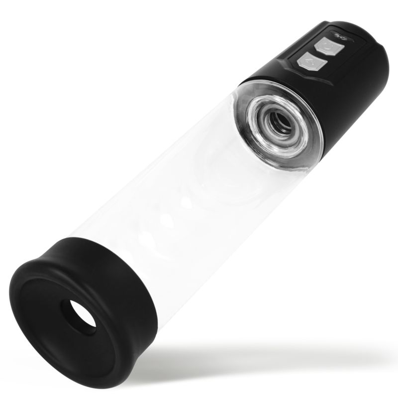 Automatische Pumpe mit schwarzem Kopf und Sockel, transparentem Zylinder. Sichtbare Öffnung am Sockel.