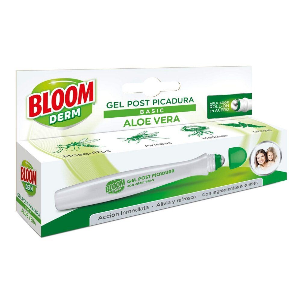 Verpackung von Bloom Derm Gel Post Bite. Enthält eine Tube und eine Schachtel. Aufschrift: Bloom Derm, Gel Post Picadura, Aloe Vera.
