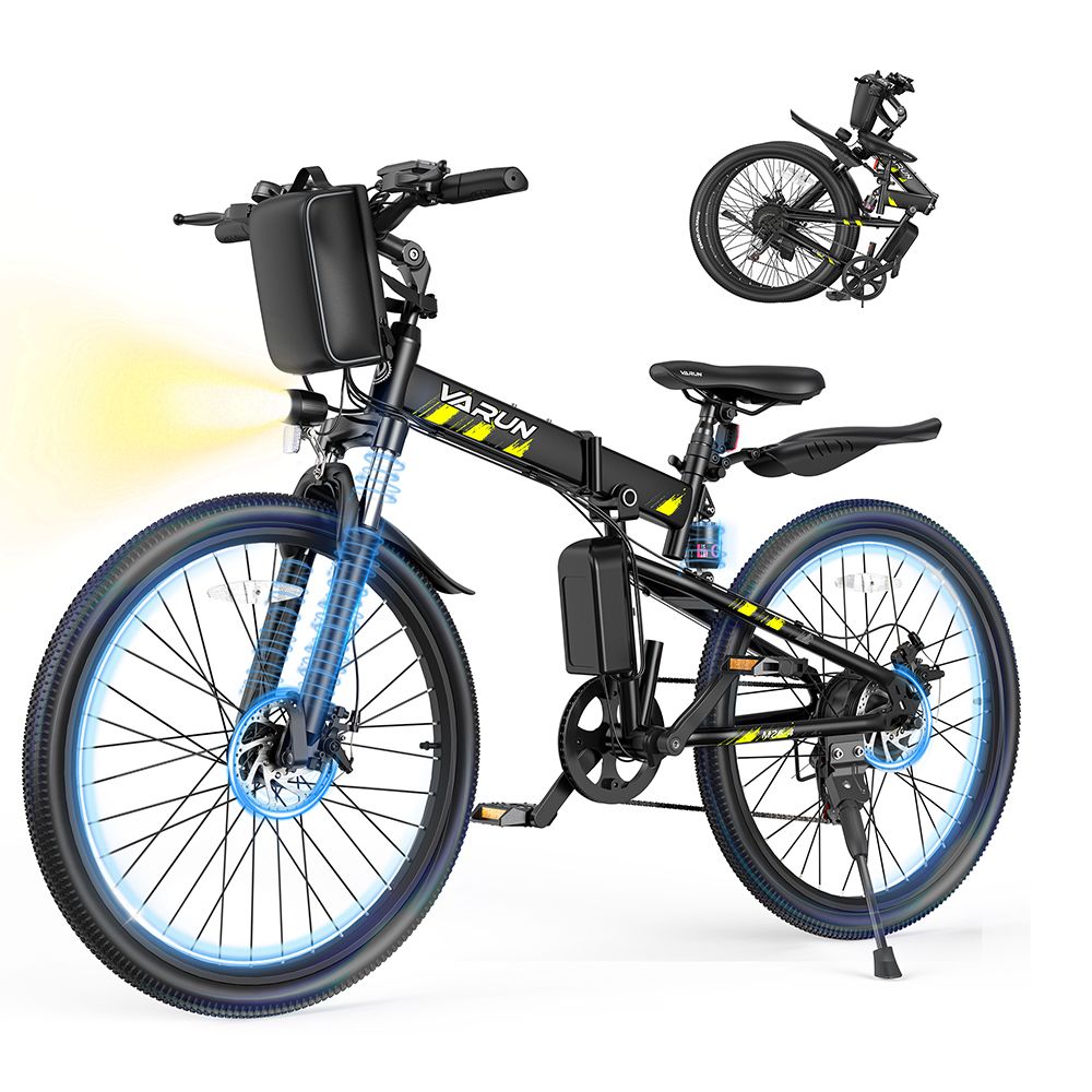 Schwarzes, zusammengeklapptes Elektrofahrrad. Scheinwerfer, Gepäckträger, Akku. Im Hintergrund ein zusammengeklapptes Fahrrad.