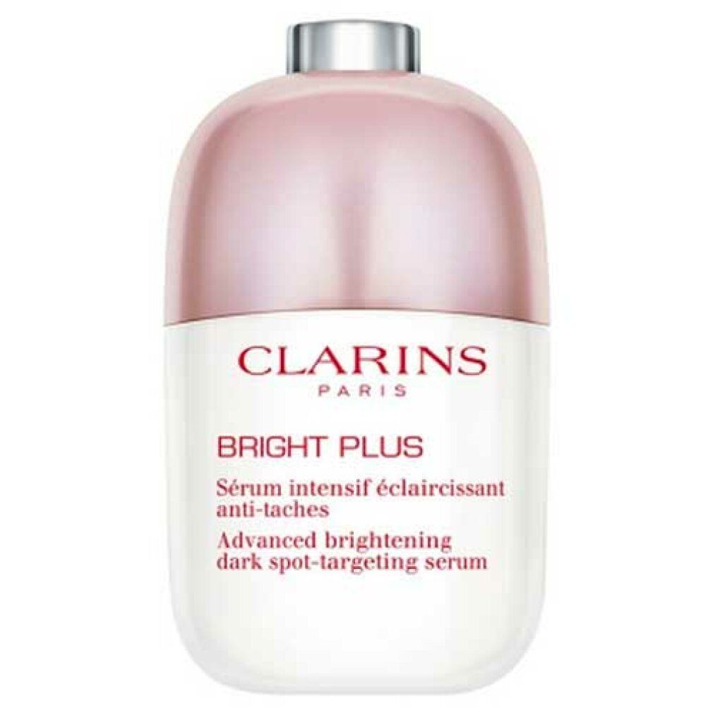 Clarins Bright Plus Serum-Flakon. Weißes Fläschchen mit rosa Deckel. Aufschrift: Bright Plus, Serum intensif éclaircissant anti-taches.