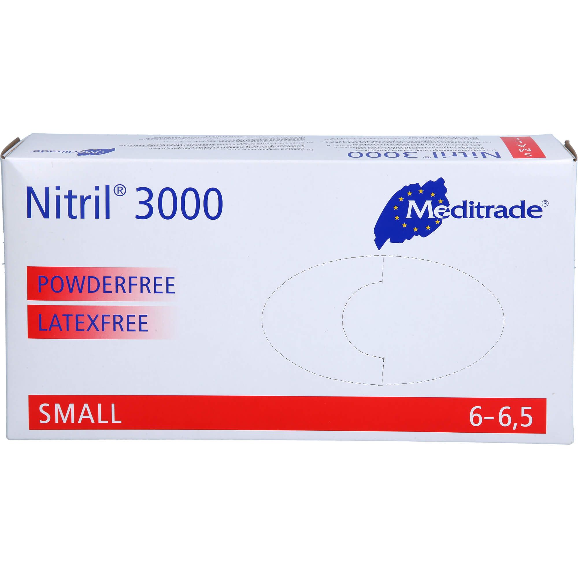 Weiße Schachtel mit blauer Aufschrift Nitril 3000, Meditrade Logo. Text: Powderfree, Latexfree, Small, 6-6,5.
