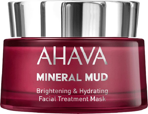 Rote Dose mit silbernem Deckel. Aufschrift: AHAVA MINERAL MUD Brightening & Hydrating Facial Treatment Mask.