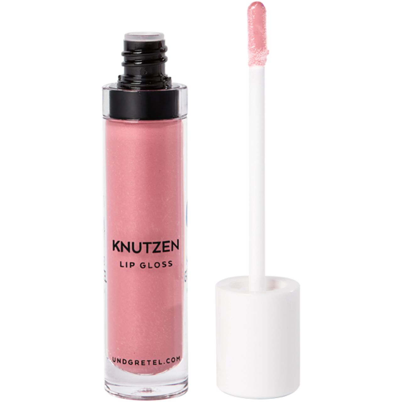 Lipgloss-Fläschchen mit Applikator. Der Lipgloss ist rosa. Auf dem Fläschchen steht 'Knutzen Lip Gloss'.