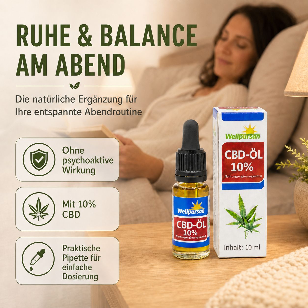 Wellpursan CBD-Öl 10% Flasche mit Pipette, Faltschachtel, Frau entspannt, Icons für Balance, Stressabbau, Alltag.