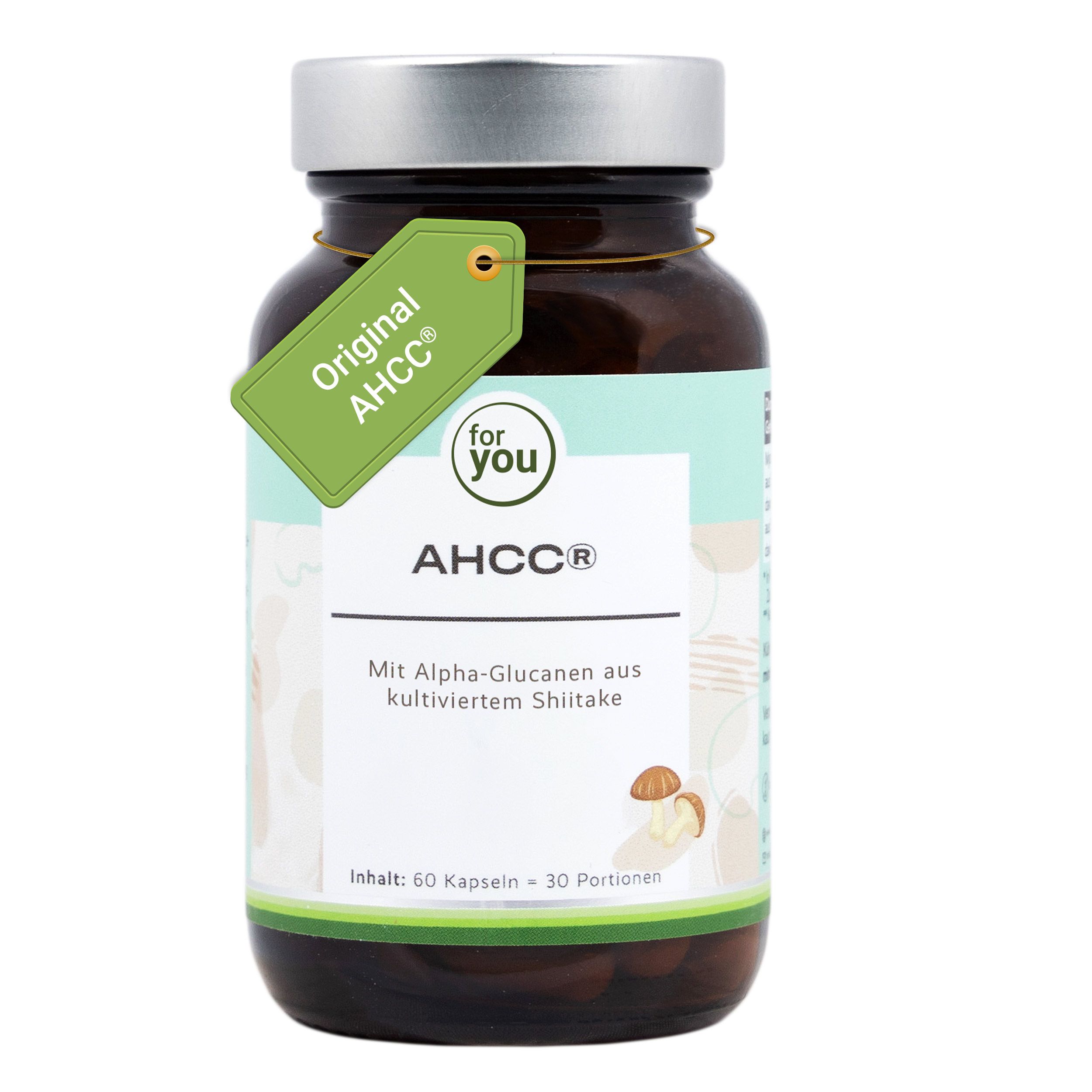 Braune Glasflasche mit AHCC® Etikett und einem grünen Anhänger mit der Aufschrift 'Original AHCC®'.
