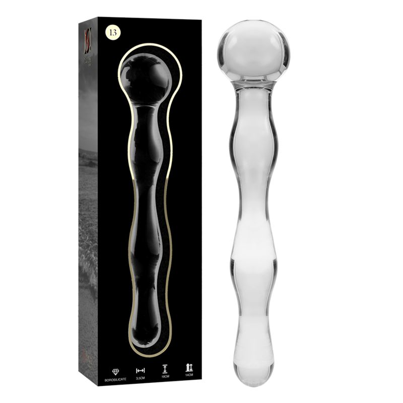 Produktverpackung und Dildo aus Borosilikatglas. Schwarze Box mit Produktabbildung. Dildo daneben.