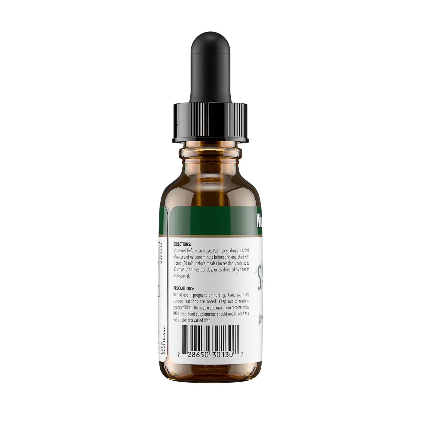 Rückseite einer braunen Glasflasche mit Pipette, Etikett mit Anwendungshinweisen und Barcode.