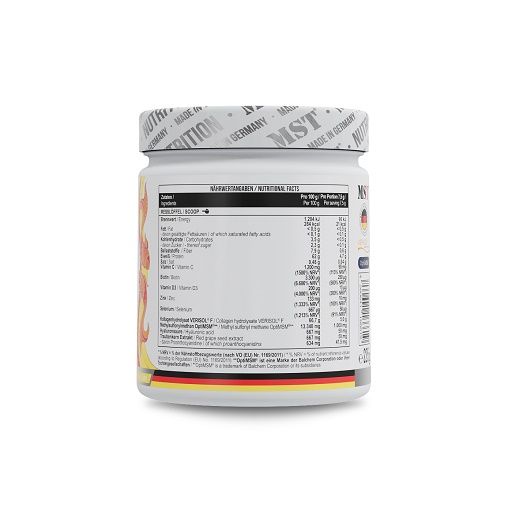 Rückseite des weißen Behälters mit Nährwertangaben. "Made in Germany" auf dem Deckel.