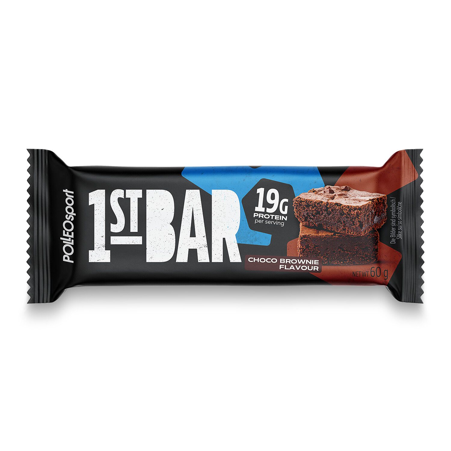 Schwarze Verpackung mit weißem Schriftzug "1ST BAR". Blaue und braune Akzente. Aufdruck: "19g Protein", "Choco Brownie Flavour".