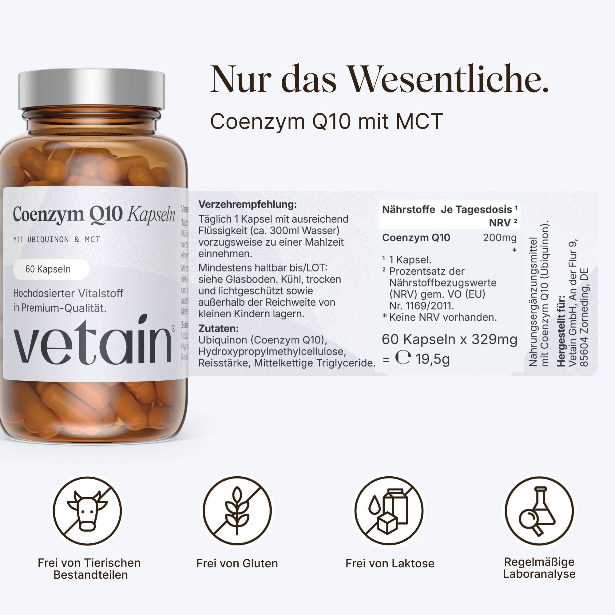 Braune Flasche mit Kapseln, Etikett "Coenzym Q10 Kapseln", "60 Kapseln", "vetain". Text über Inhaltsstoffe, Nährwerte und Logos: glutenfrei, laktosefrei.