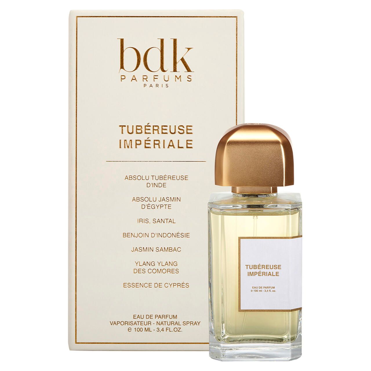 BDK Tubereuse Imperiale EdP Nat. Spray Flakon und Verpackung. Goldfarbener Verschluss, transparente Flüssigkeit. Weißer Aufkleber.