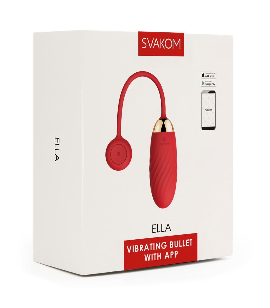 Weiße Verpackung mit rotem Vibrator, App-Grafik und Produktname ELLA. SVAKOM-Logo.