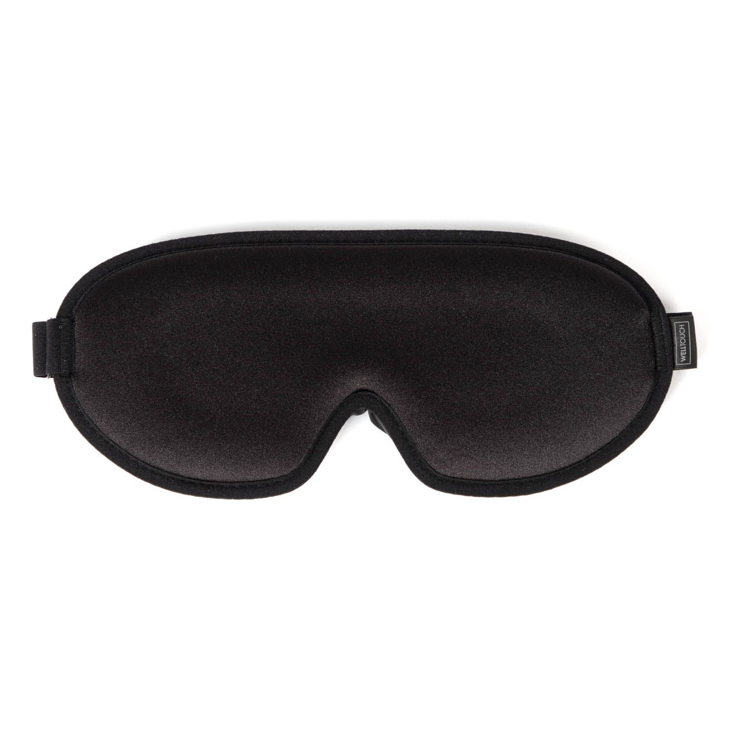 Schwarze Schlafmaske mit verstellbarem Gurt und gepolstertem Nasenbereich.