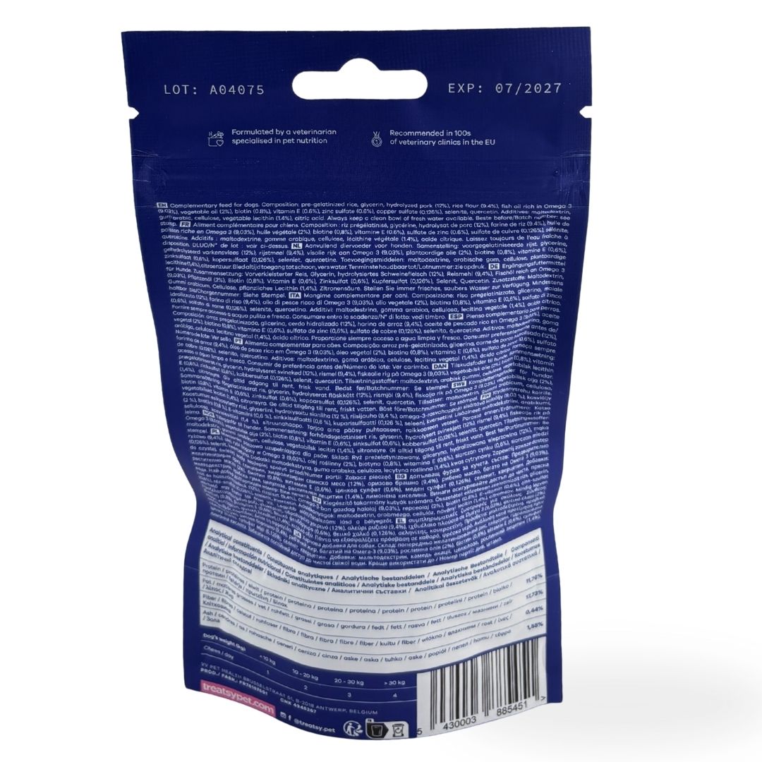 Rückseite der blauen Tüte mit Text. Enthält Informationen zu Inhaltsstoffen, Dosierung und Hersteller.