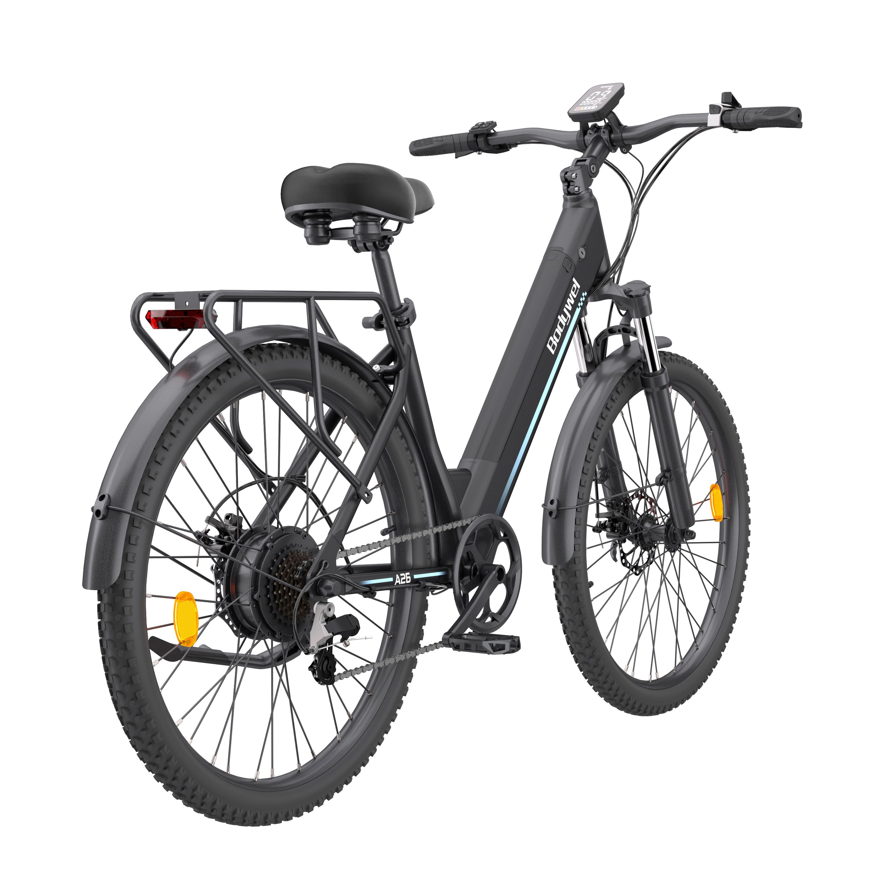 Schwarzes E-Bike, Heckansicht. Gepäckträger, Schutzbleche, Rücklicht. Bodywel A26.