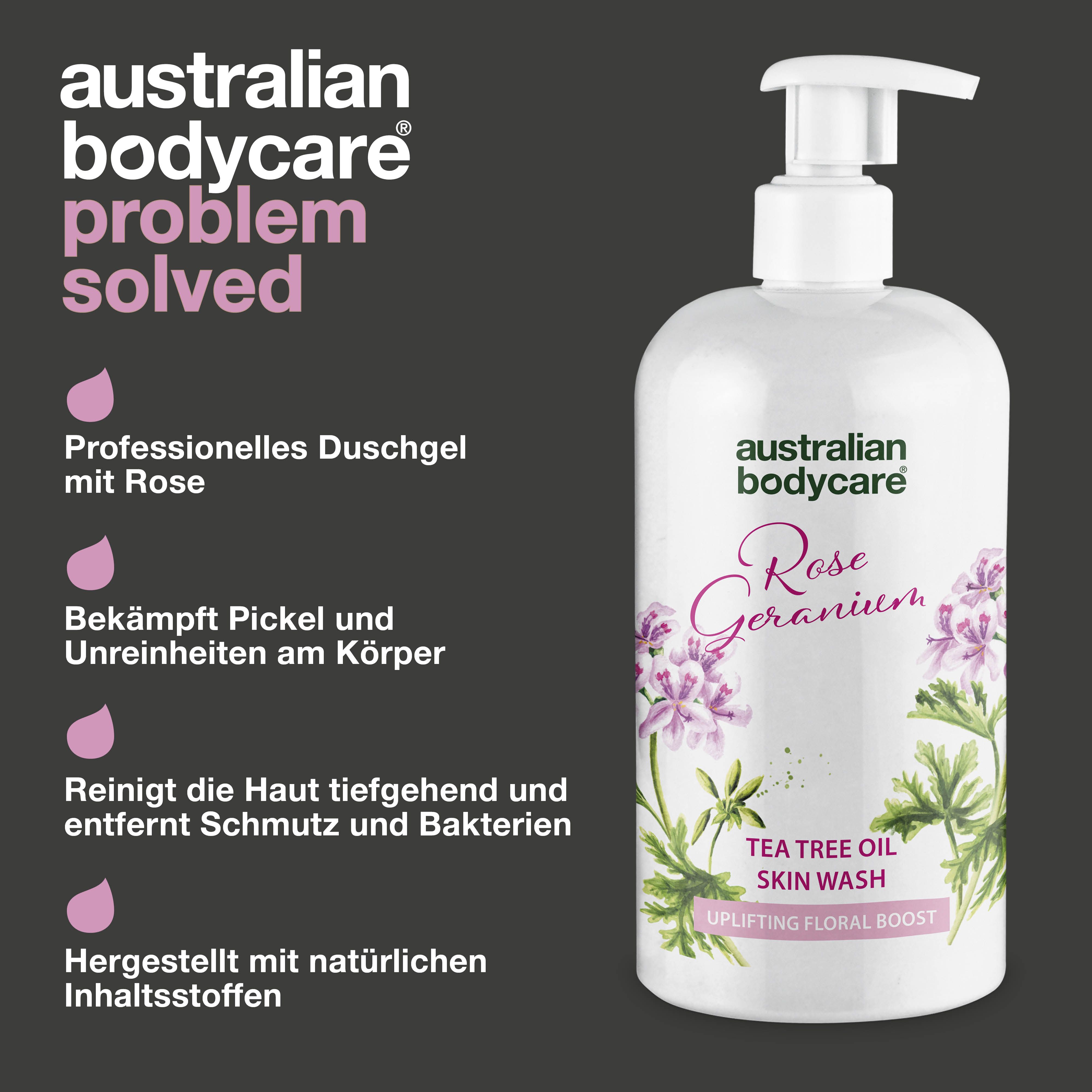 Produktflasche mit Text: Australian Bodycare, Rose Geranium, Tea Tree Oil Skin Wash.