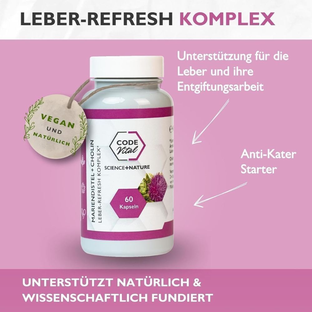 Graue Kapsel-Dose mit Anhänger: Vegan und natürlich. Aufschrift: CODE Vital Mariendistel + Cholin. 60 Kapseln. Text: Leber-Refresh Komplex.