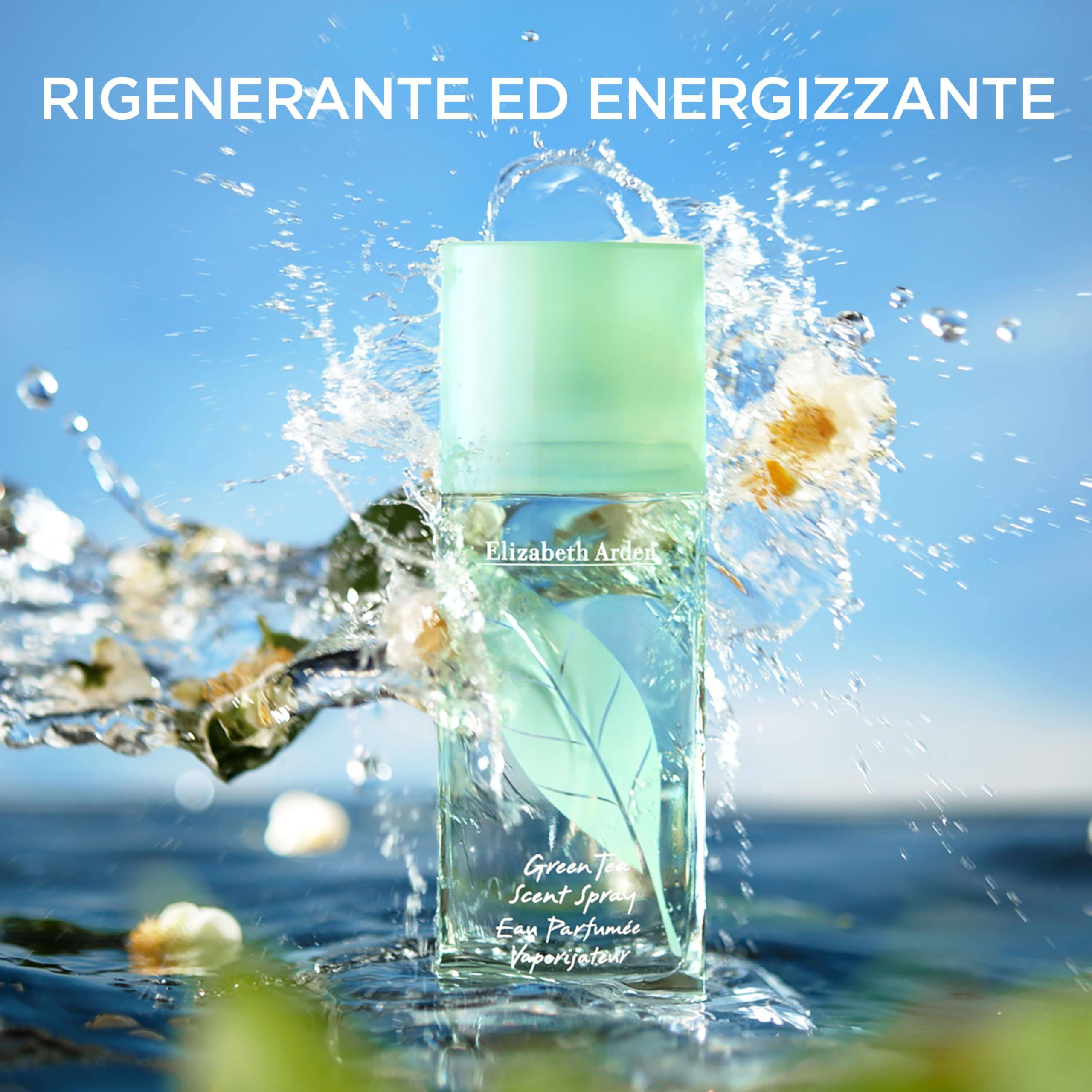 Flakon im Wasser. Aufschrift: Elizabeth Arden, Green Tea Scent Spray, Eau Parfumée Vaporisateur. Text: RIGENERANTE ED ENERGIZZANTE.