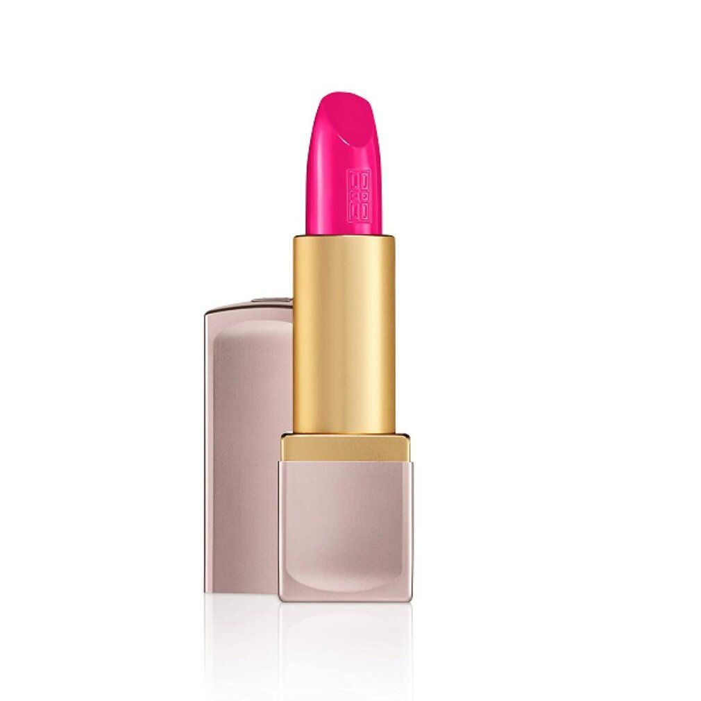 Lippenstift mit pinkfarbener Spitze und goldfarbenem Gehäuse. Der Lippenstift ist teilweise aus der rosafarbenen Hülse herausgedreht.