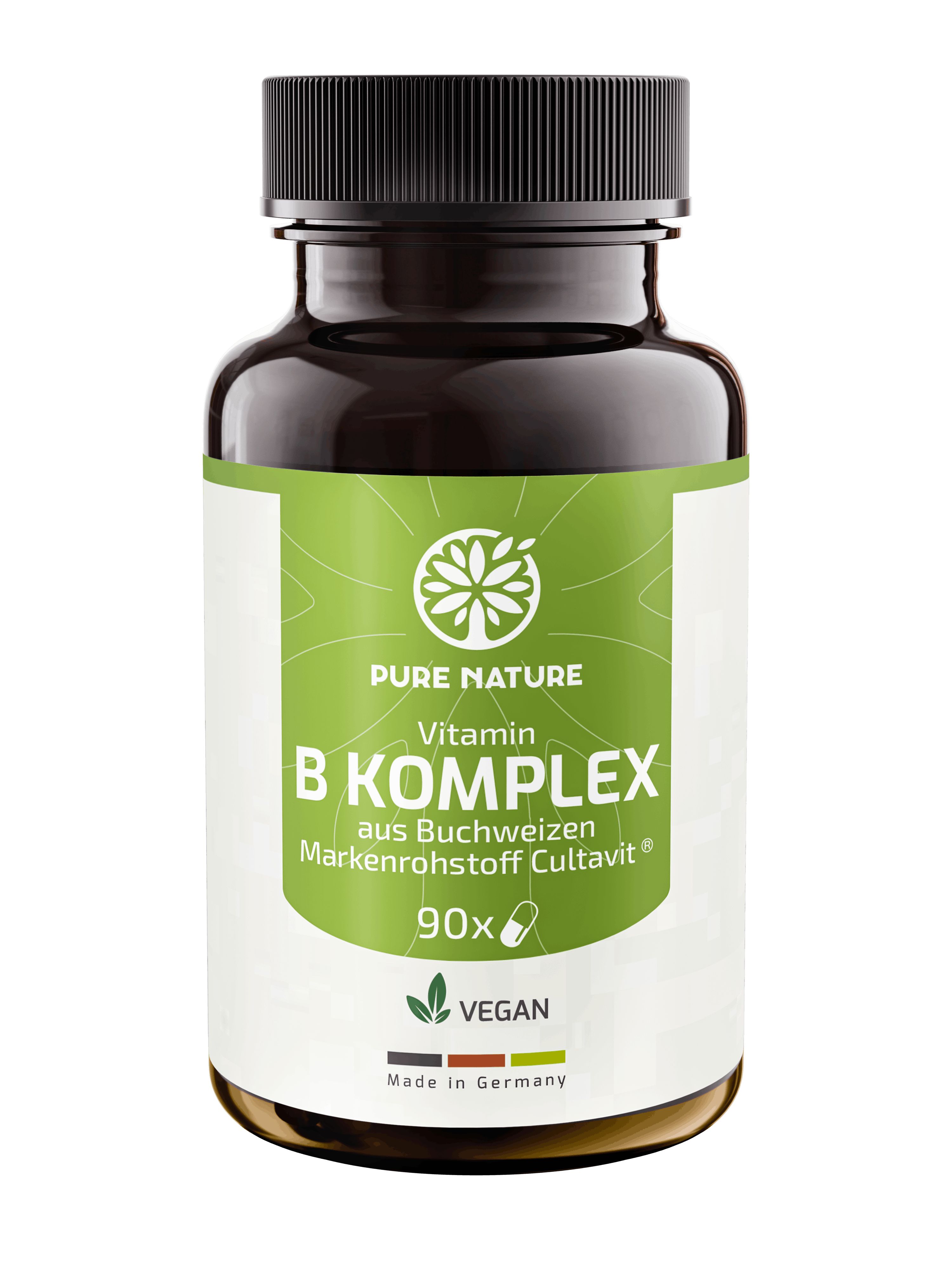 Braune Flasche mit grünem Etikett. Aufschrift: Pure Nature Vitamin B Komplex, 90x. Vegan-Siegel.