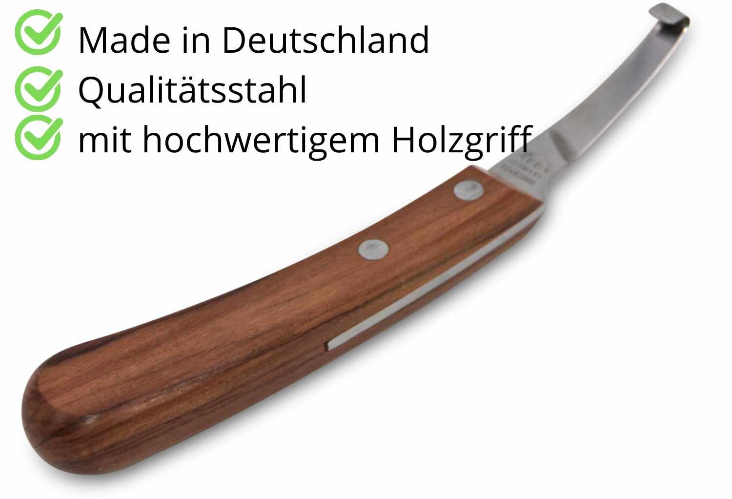 Hufmesser mit Holzgriff. Text: 'Made in Deutschland', 'Qualitätsstahl', 'mit hochwertigem Holzgriff'.