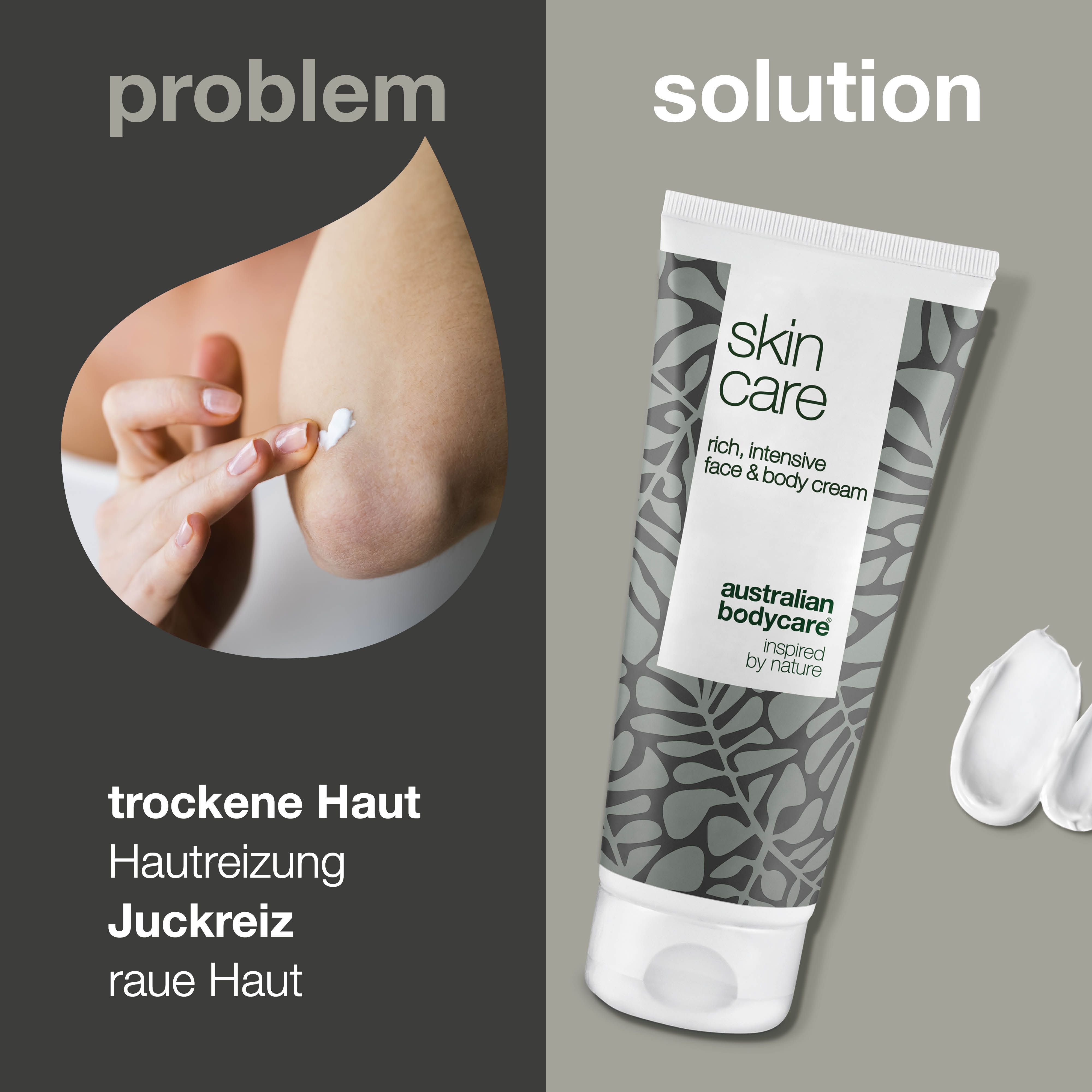 Hautpflege-Creme-Tube neben Ellbogen mit Creme. Text: trockene Haut, Hautreizung, Juckreiz, raue Haut. Marke: Australian Bodycare.