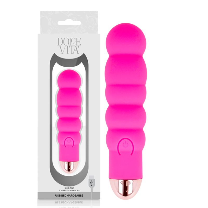 Pinkfarbener Silikon-Vibrator mit 7 Vibrationsmodi. In Verpackung mit USB-Ladekabel. Marke Dolce Vita.