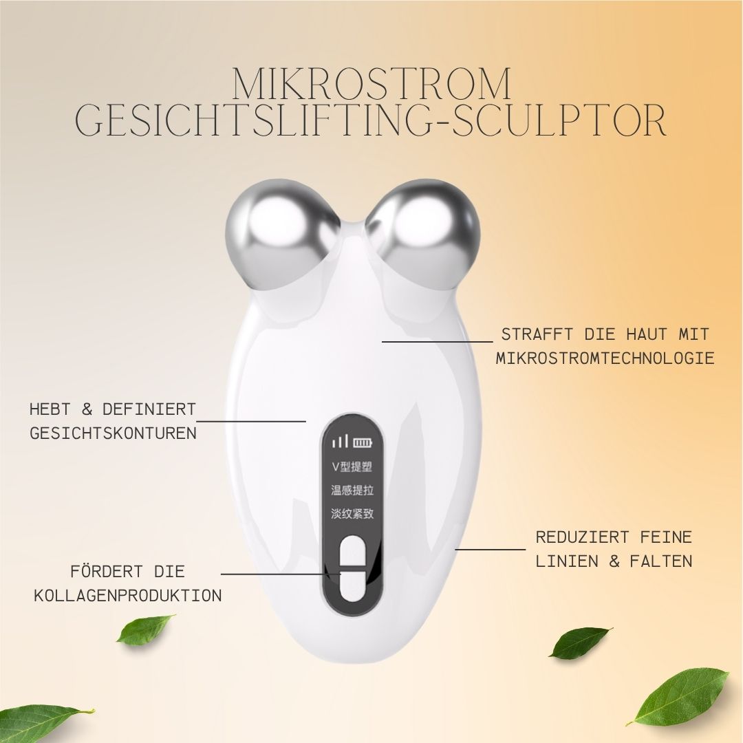 Weißes Gesichtslifting-Gerät mit zwei silbernen Kugeln. Es hat ein Bedienfeld mit Symbolen und Text. Der Text lautet "Mikrostrom Gesichtslifting-Sculptor".