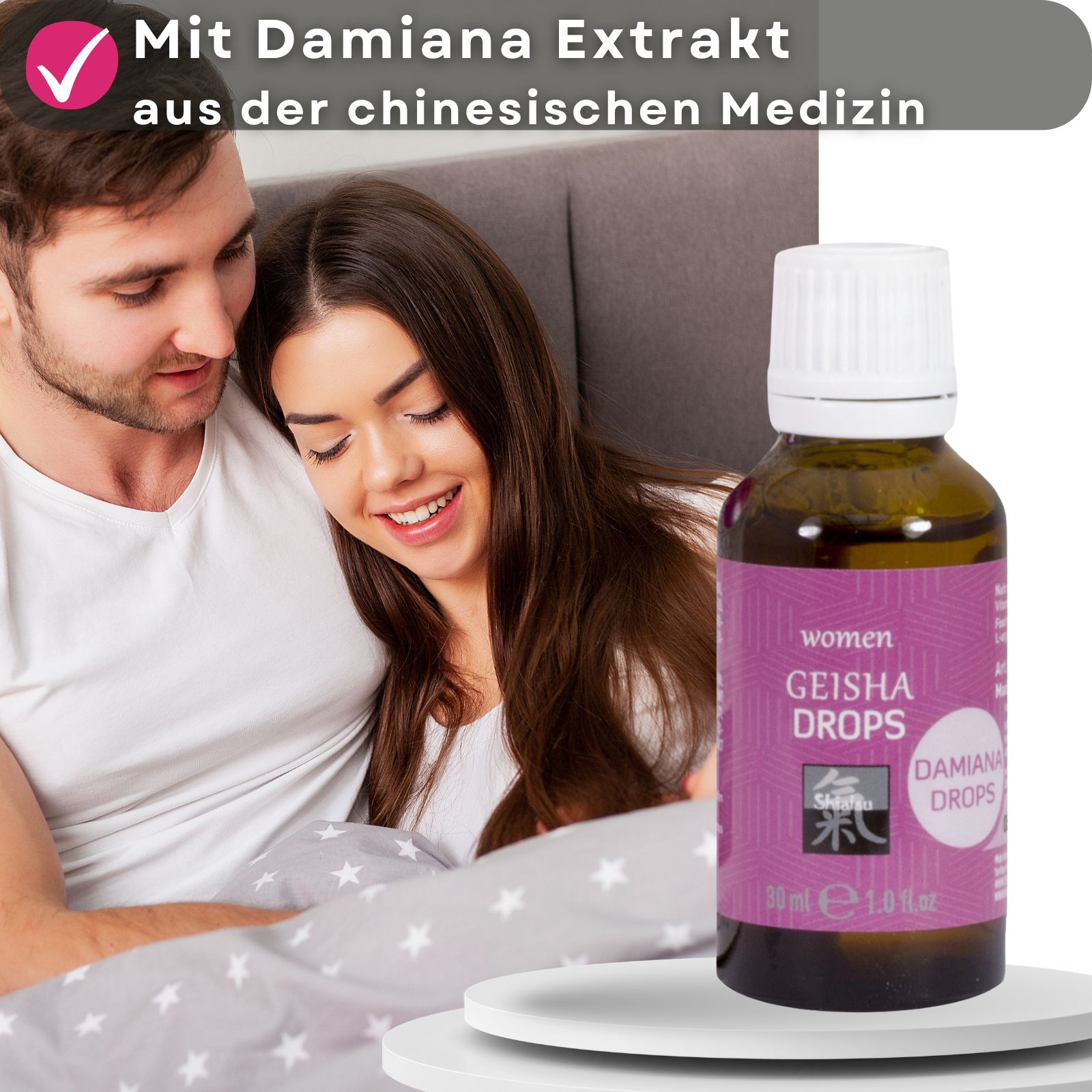 Flasche neben einem Paar. Aufschrift: GEISHA DROPS. Checkliste mit Damiana Extrakt.