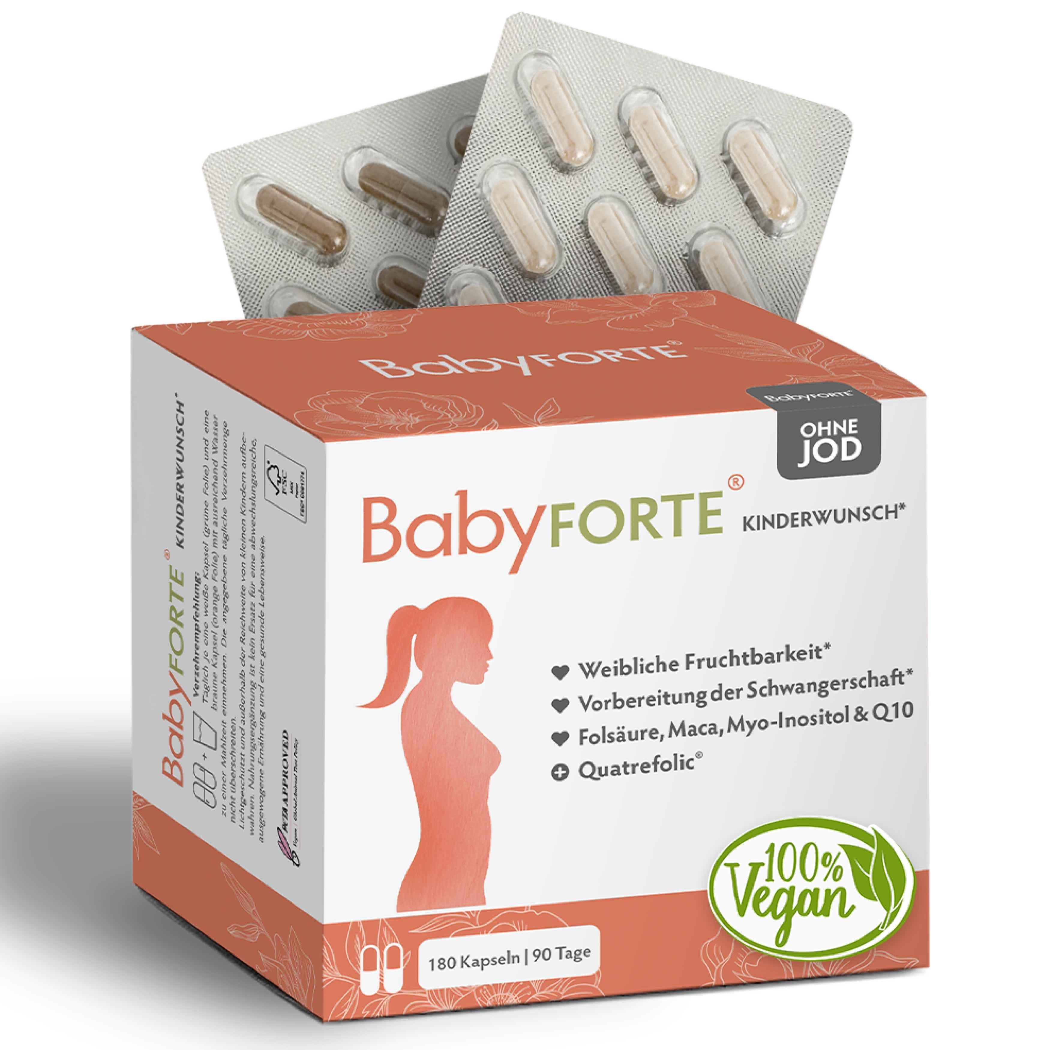 BabyFORTE-Verpackung. Text: Ohne Jod, Kinderwunsch. 180 Kapseln, 90 Tage. 100% vegan. Kapseln in Blisterpackungen.
