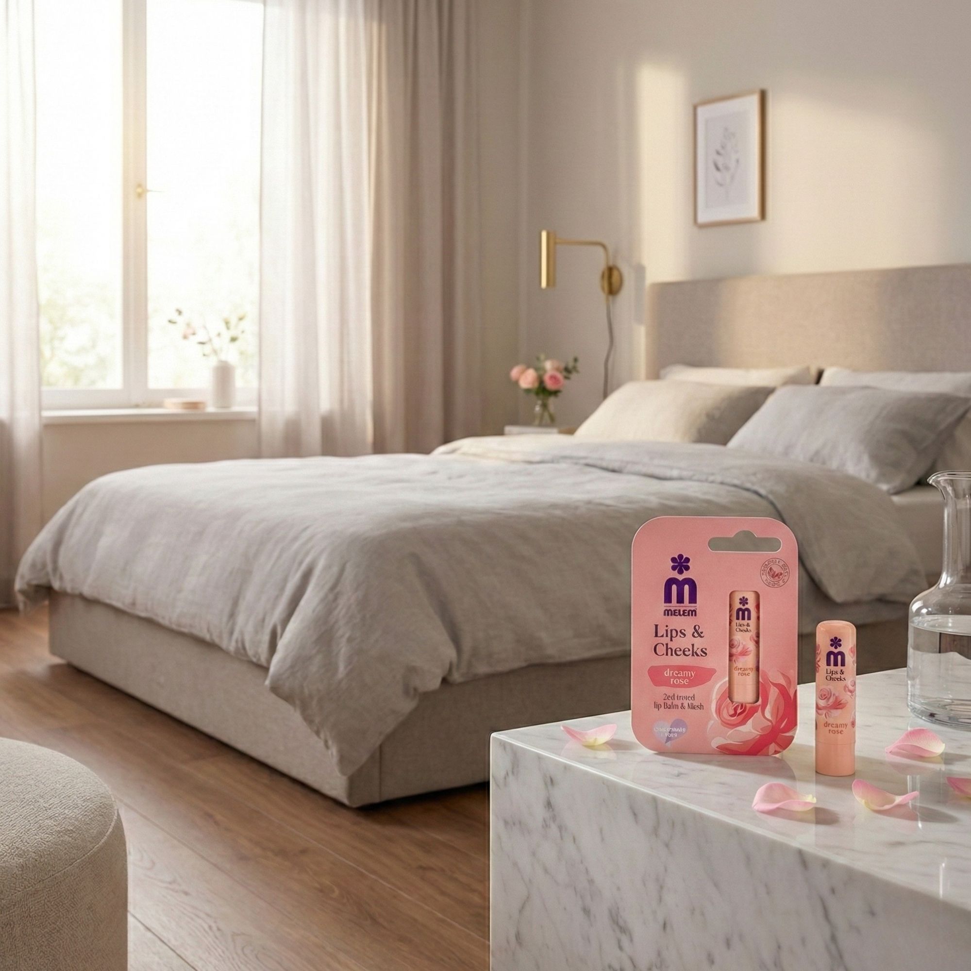 Zwei Lippenbalsam-Produkte auf einer Marmoroberfläche. Ein Produkt in Verpackung, das andere lose. Rosa Verpackung mit Produktnamen und Logo.