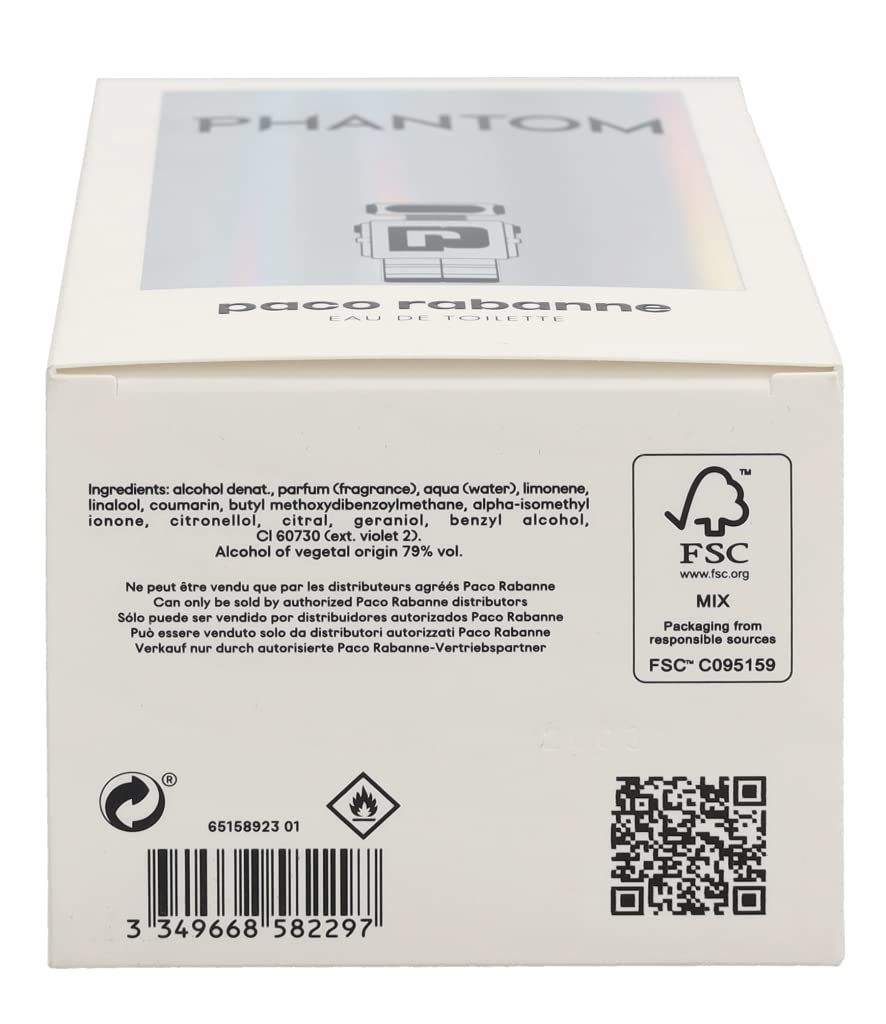 Rückseite der Paco Rabanne Phantom-Verpackung. Enthält Inhaltsstoffe, FSC-Logo, Barcode und QR-Code.