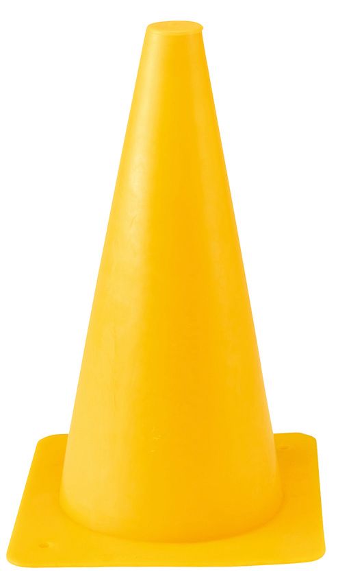 Gelber Kegel mit quadratischer Basis. Aus Kunststoff.