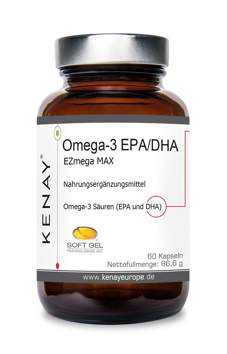 Braune Glasflasche mit Omega-3 EPA/DHA EZmega MAX Kapseln. Etikett mit Produktinformationen und KENAY® Logo. 60 Kapseln.