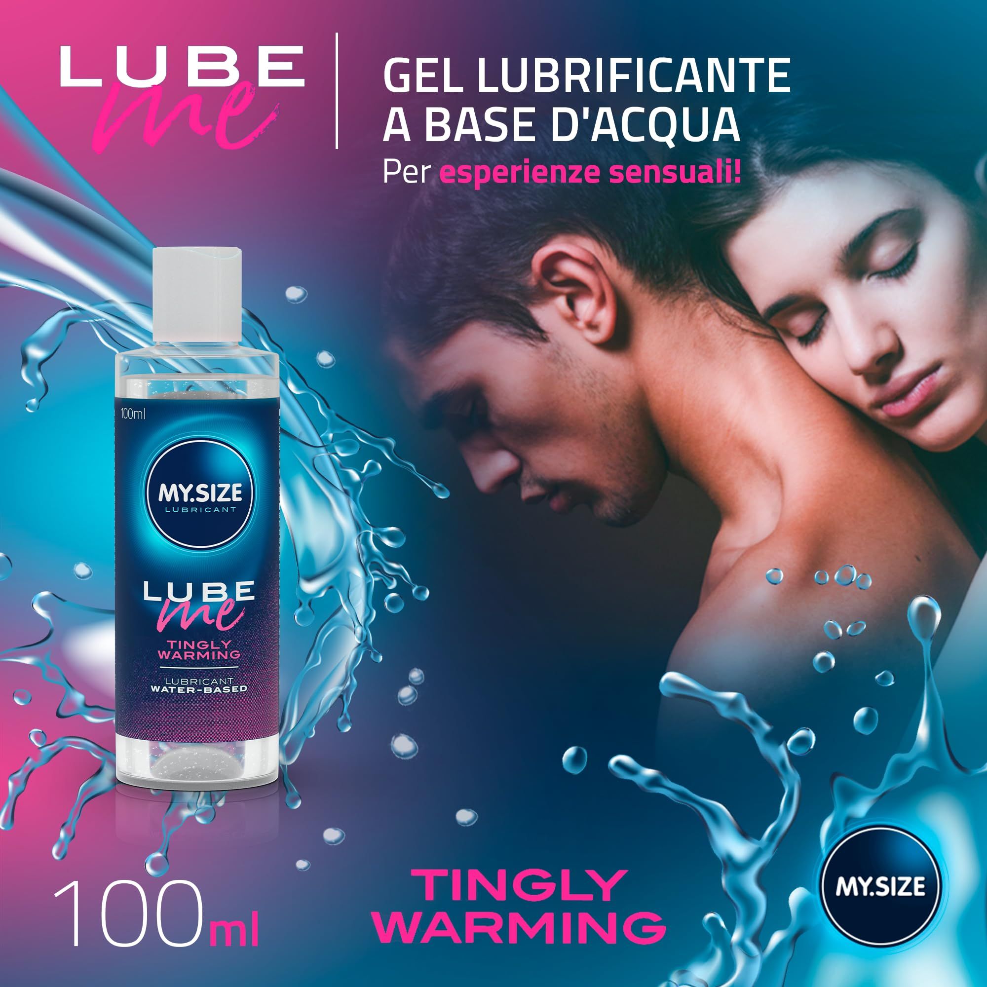 MY.SIZE Lube Me Tingly Warming Gleitgel, 100ml Flasche, mit Paar im Hintergrund.