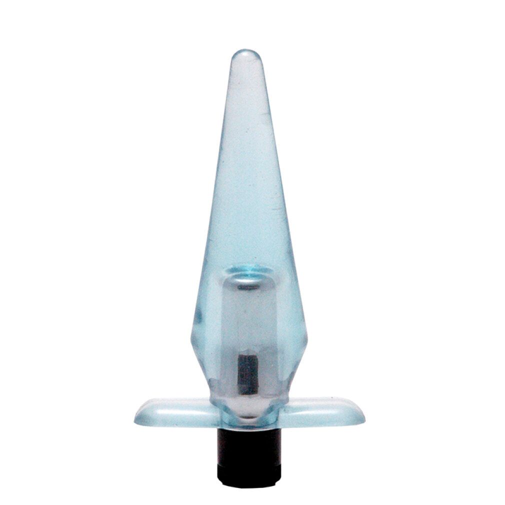 Hellblauer Analplug mit konischer Spitze, silberfarbenem Mittelteil und Basis. Mit vierflügeligem Griff.