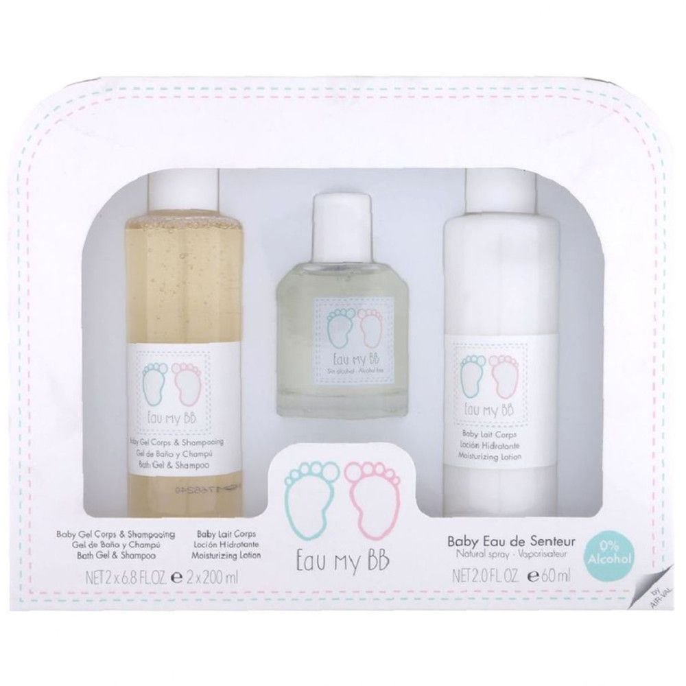 Geschenkset mit drei Baby-Pflegeprodukten: Shampoo, Bodylotion und Eau de Parfum. Verpackt in einer weißen Box.