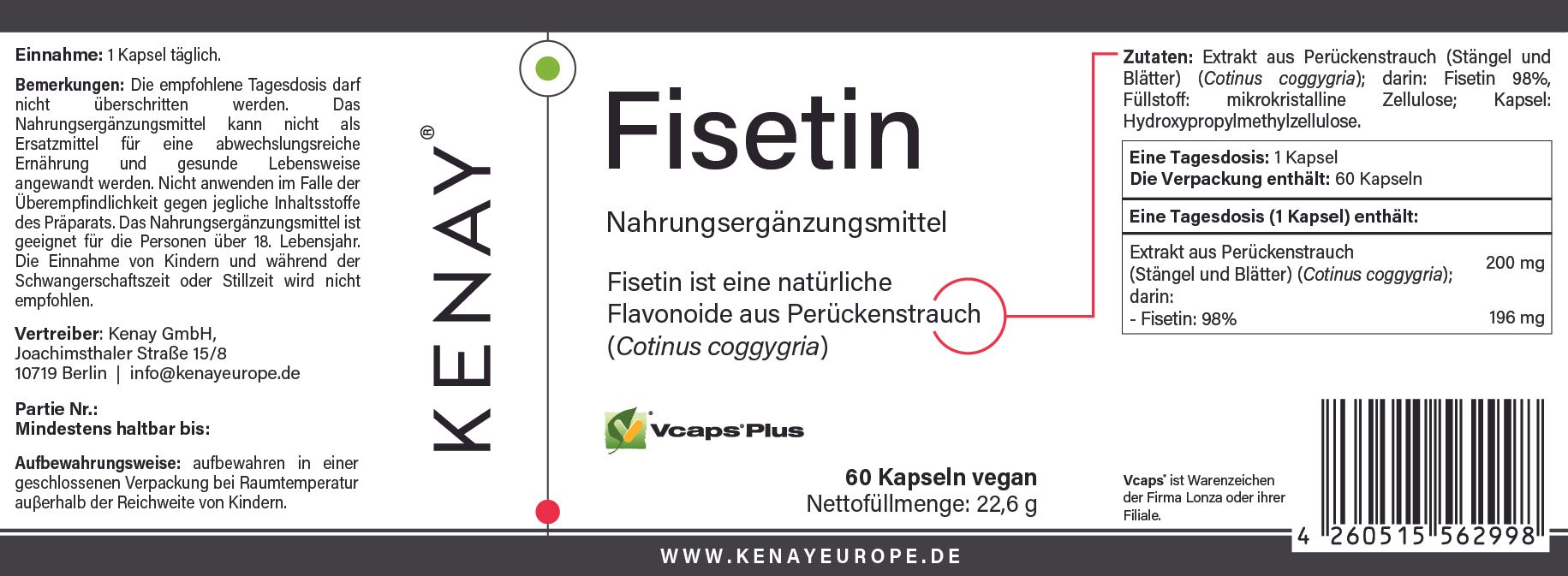 Weißes Etikett mit Text. Aufschrift: Fisetin, Nahrungsergänzungsmittel, 60 Kapseln vegan. Marke KENAY. Enthält Informationen.