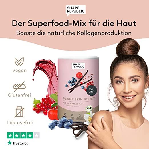 Frau neben Dose mit PLANT SKIN BOOST. Vegan, glutenfrei, laktosefrei. Trustpilot-Bewertung.