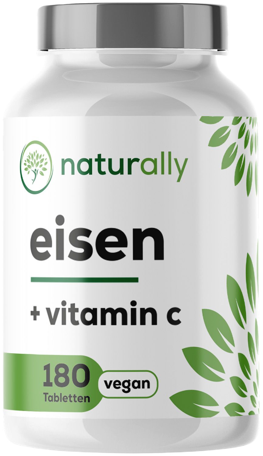 Weiße Flasche mit grünem Etikett. Aufschrift: naturally, eisen + vitamin c, 180 Tabletten, vegan.
